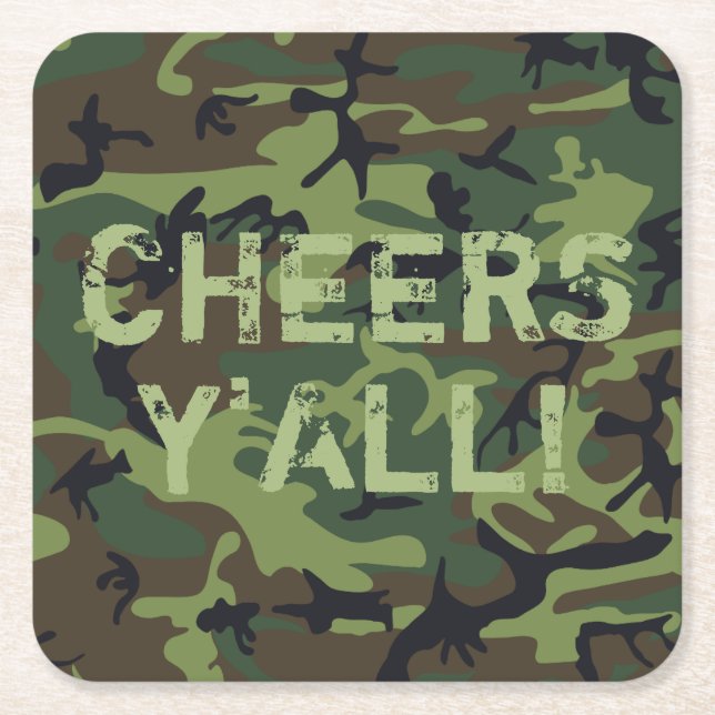 Posavasos Cuadrado De Papel Camo Cheers Y'All (Anverso)