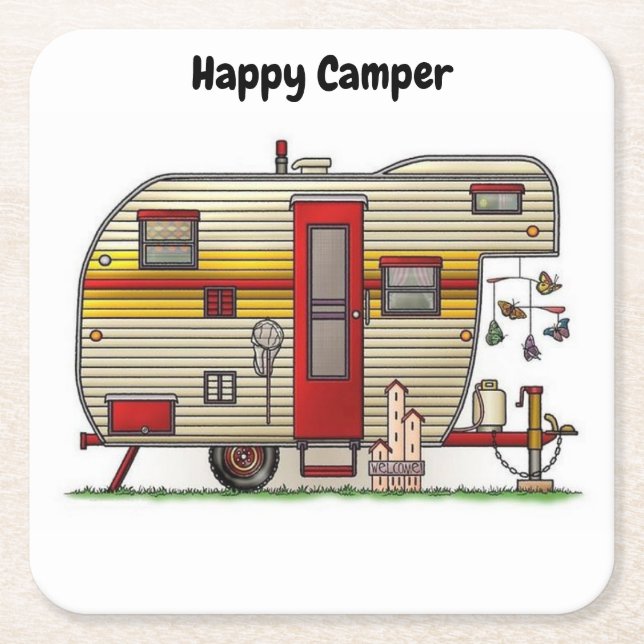 Posavasos Cuadrado De Papel Camper Trailer feliz (Anverso)