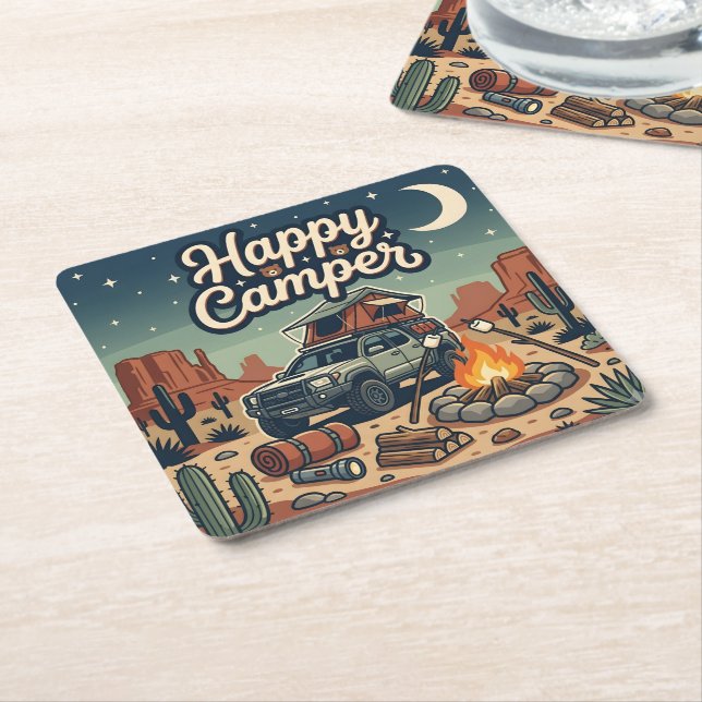 Posavasos Cuadrado De Papel Camping Feliz (En perspectiva)