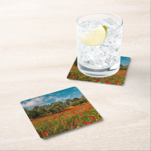 Posavasos Cuadrado De Papel campo con flores y árboles