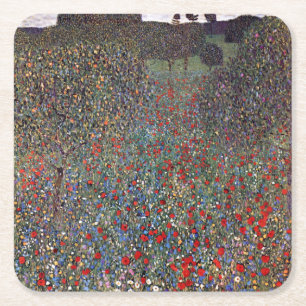 Posavasos Cuadrado De Papel Campo de amapolas, Gustav Klimt