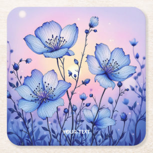 Posavasos Cuadrado De Papel Campo de flores azules ricas de fantasía
