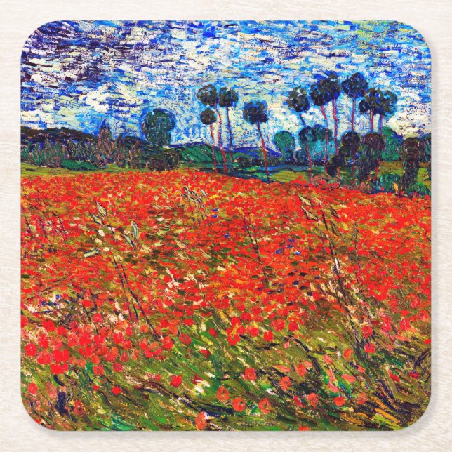 Posavasos Cuadrado De Papel Campo de flores rojas, Van Gogh (Anverso)