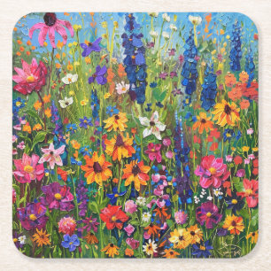 Posavasos Cuadrado De Papel Campo de flores silvestres pintura colorida