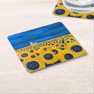 Posavasos Cuadrado De Papel Campo de Girasoles Pintura de Alfred Fox