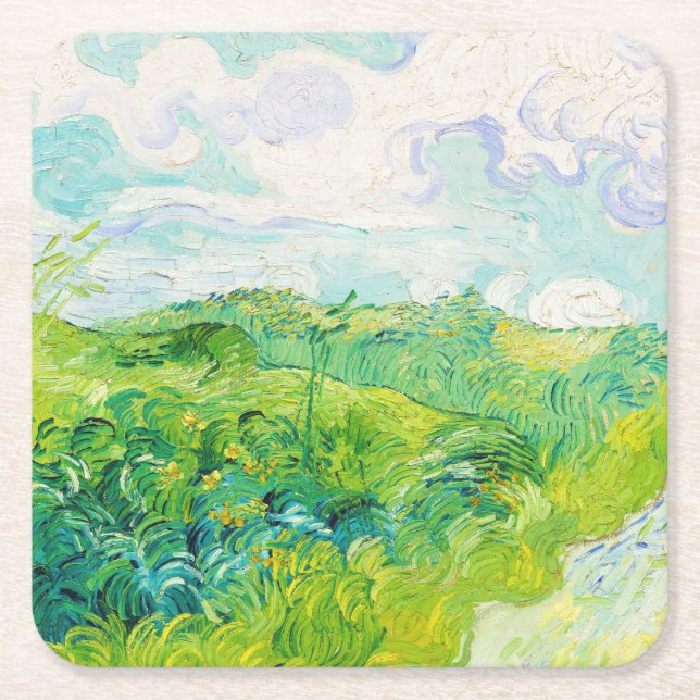 Posavasos Cuadrado De Papel Campos de Trigo Verde, Van Gogh (Anverso)