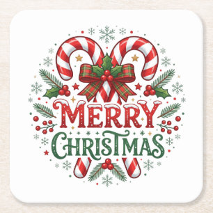 Posavasos Cuadrado De Papel Caña de Caramelo Feliz Navidad 