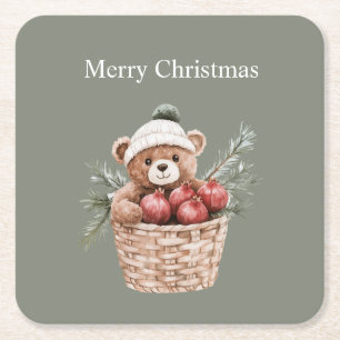 Posavasos Cuadrado De Papel Canasta de osito de peluche granadas Navidad