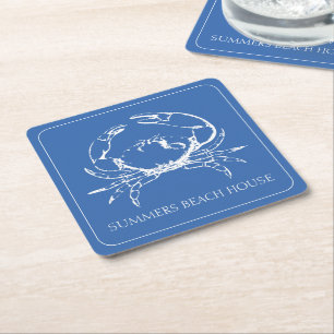 Posavasos Cuadrado De Papel Cangrejo blanco costero con azul clásico personali