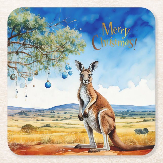 Posavasos Cuadrado De Papel Canguro bajo gumtree con Navidades baubles (Anverso)