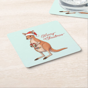 Posavasos Cuadrado De Papel Canguro Festivo Con Sombrero De Santa Navidades