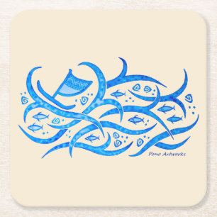 Posavasos Cuadrado De Papel Canoa hawaiana del petroglifo en los prácticos de