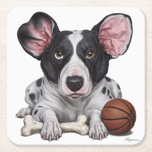 Posavasos Cuadrado De Papel Cañón visto con baloncesto y hueso (Anverso)