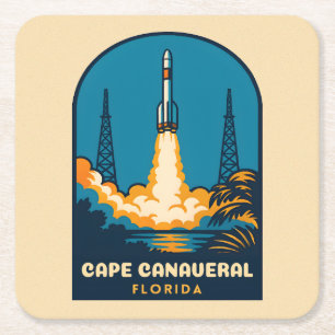 Posavasos Cuadrado De Papel Cape Canaveral Florida Viajes Retro Vintage Cohete