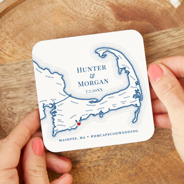 Posavasos Cuadrado De Papel Cape Cod Boda Bienvenidos Fiesta Cocktail Hour (Drink Coaster Cape Cod Map Wedding favor personalized in elegant navy blue from Coastal Map Designs)