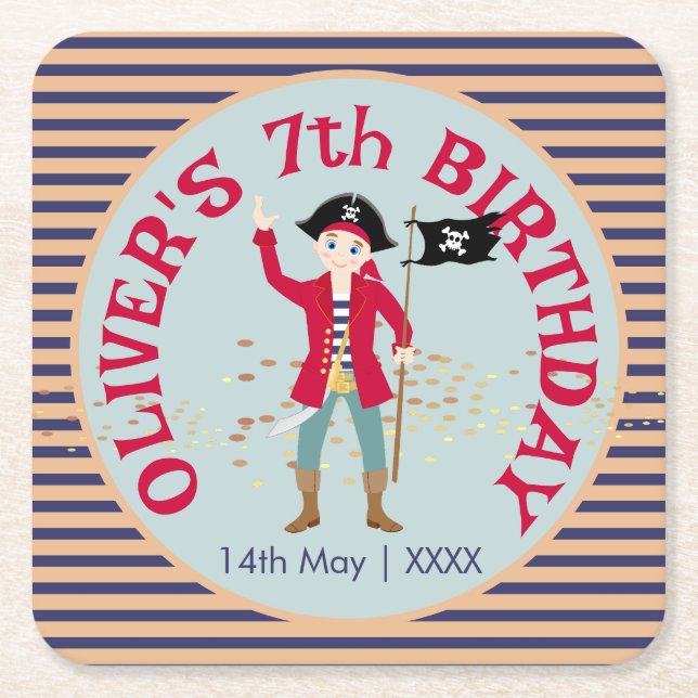 Posavasos Cuadrado De Papel Capitán de la Fiesta de Cumpleaños del Barco Pirat (Anverso)