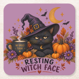 Posavasos Cuadrado De Papel Cara de Bruja Relajada Gato Negro Halloween