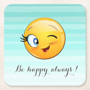 Posavasos Cuadrado De Papel Cara de Emoji guiñando adorable - Sé feliz siempre