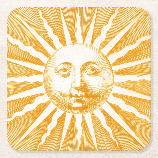 Posavasos Cuadrado De Papel Cara de sol amarilla de oro de época antigua (Anverso)
