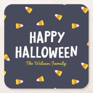 Posavasos Cuadrado De Papel Caramelo de Maíz Azul Oscuro Feliz Halloween