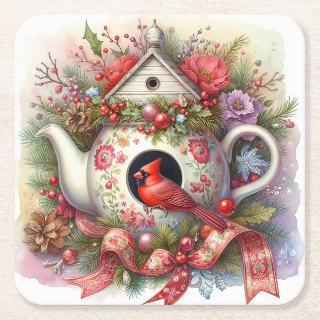 Posavasos Cuadrado De Papel Cardenal 2 de la Casa de Aves de Teapot (Anverso)