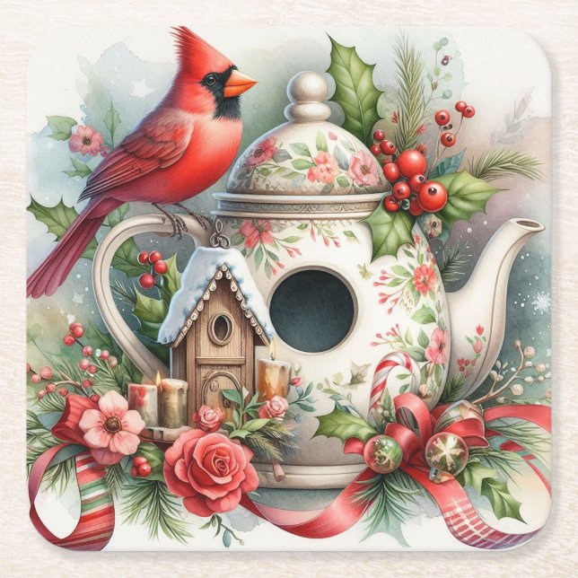 Posavasos Cuadrado De Papel Cardenal de la casa de pájaros de Teapot 6 (Anverso)