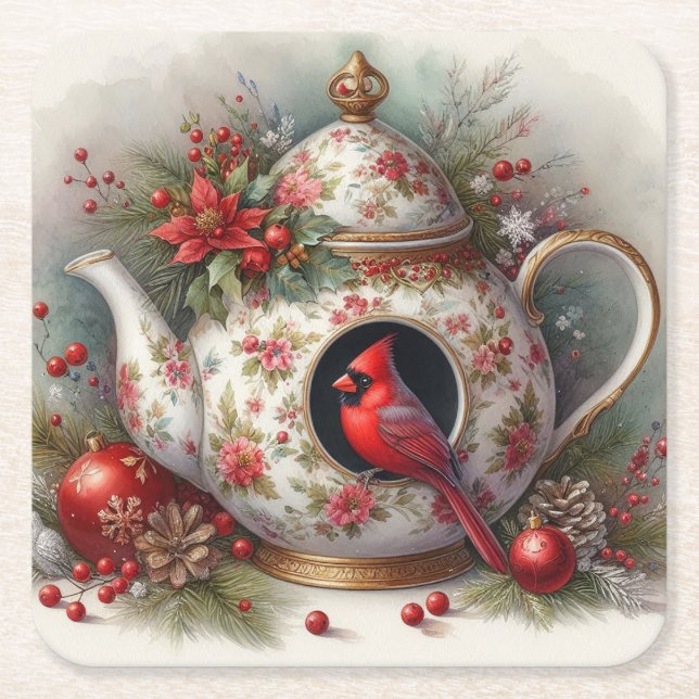 Posavasos Cuadrado De Papel Cardenal de la casa de pájaros de Teapot 7 (Anverso)