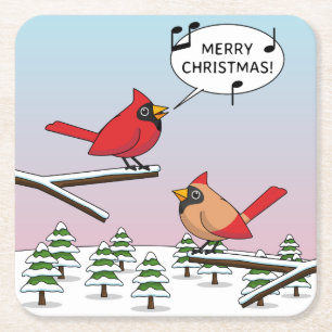 Posavasos Cuadrado De Papel Cardenal rojo curado canta Feliz Navidad