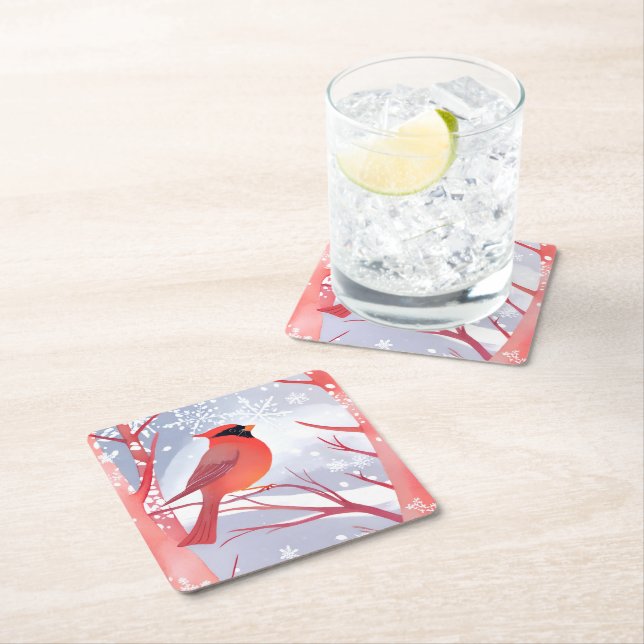 Posavasos Cuadrado De Papel Cardenal rojo | Hermosa pintura acuarela (In situ)