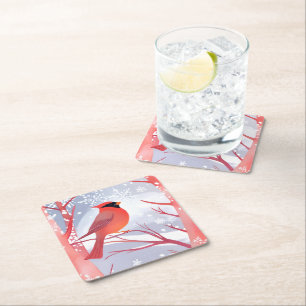 Posavasos Cuadrado De Papel Cardenal Rojo   Hermosa Pintura de Acuarela