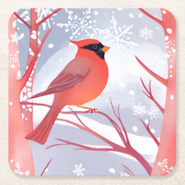Posavasos Cuadrado De Papel Cardenal Rojo | Hermosa Pintura de Acuarela