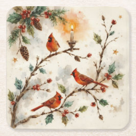 Posavasos Cuadrado De Papel Cardenales de Navidad