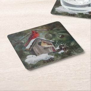 Posavasos Cuadrado De Papel Cardenales en el Birdhouse Nevado