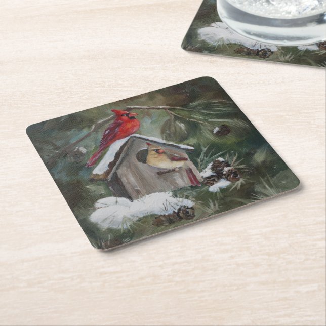 Posavasos Cuadrado De Papel Cardenales en el Birdhouse Nevado (En perspectiva)