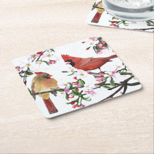 Posavasos Cuadrado De Papel Cardenales y flores de Apple