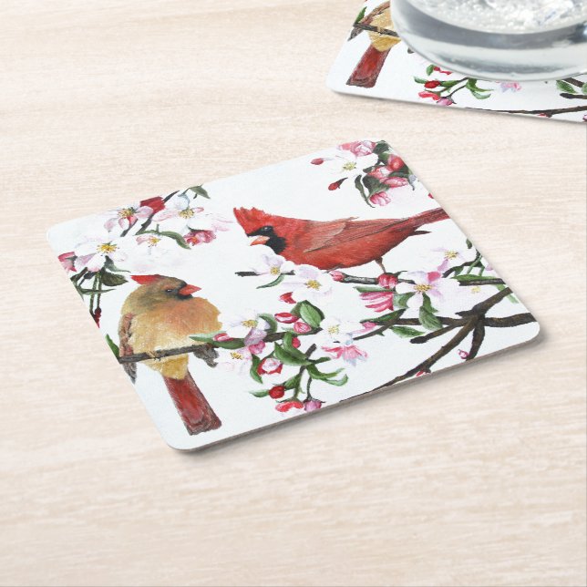 Posavasos Cuadrado De Papel Cardenales y flores de Apple (En perspectiva)