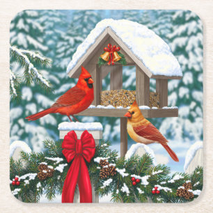 Posavasos Cuadrado De Papel Cardenales y Navidades Alimentador de aves