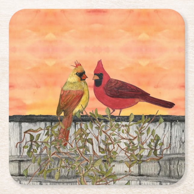 Posavasos Cuadrado De Papel Cardinal Lovebirds Paper Coaster (Anverso)