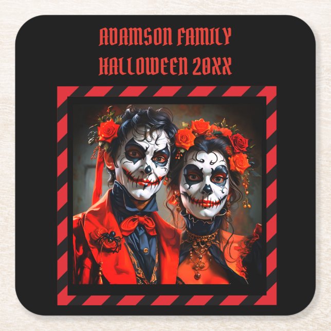 Posavasos Cuadrado De Papel Caricatura roja y negra pareja Dia de los Muertos (Anverso)