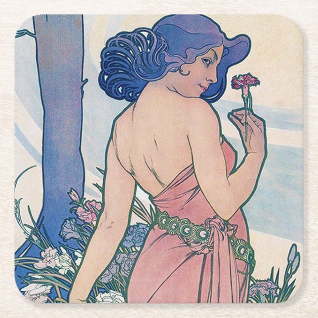 Posavasos Cuadrado De Papel Carnación (Cuatro Flores), Alphonse Mucha (Anverso)
