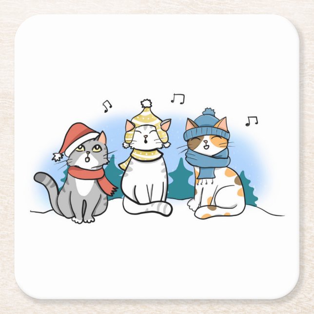 Posavasos Cuadrado De Papel Carols Navidades cantantes de gatos personalizados (Anverso)