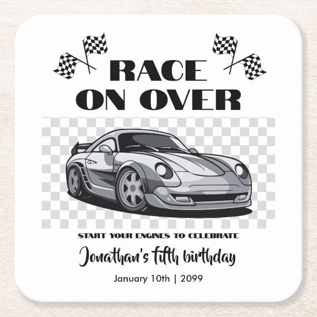 Posavasos Cuadrado De Papel Carrera sobre autos de carreras modernos de plata  (Anverso)