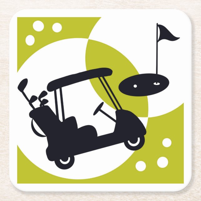 Posavasos Cuadrado De Papel Carrito de golf, clubes y verdes (Anverso)