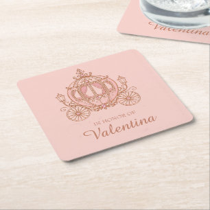 Posavasos Cuadrado De Papel Carruaje de Princesa Rosa Sonrojado Quinceañera