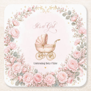 Posavasos Cuadrado De Papel Carruaje Rosa Es una Niña Shower de Bebé Personali