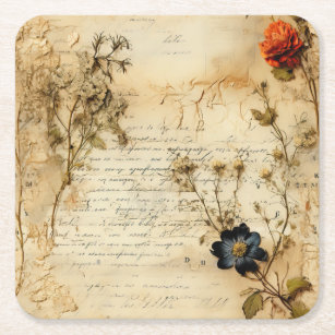 Posavasos Cuadrado De Papel Carta de amor de pergamino vintage con flores (5)