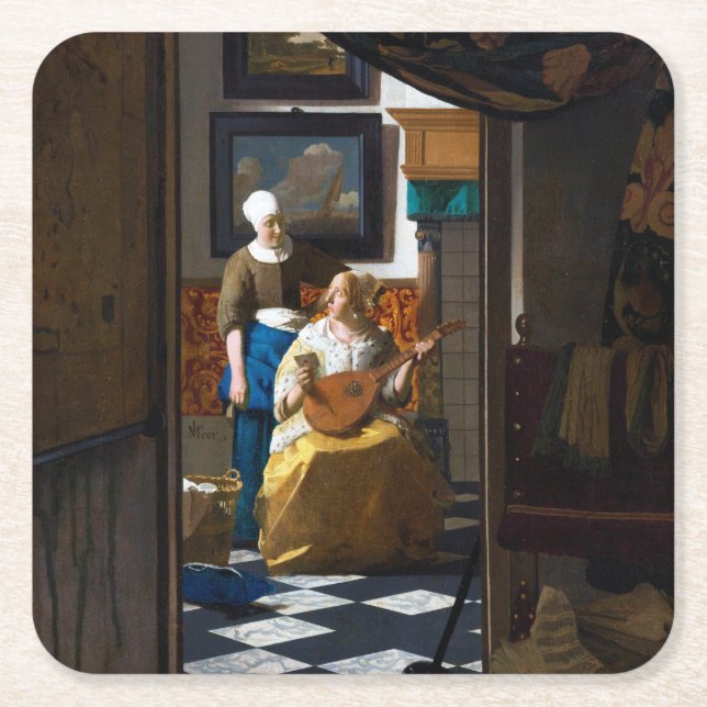 Posavasos Cuadrado De Papel Carta de amor, Johannes Vermeer (Anverso)