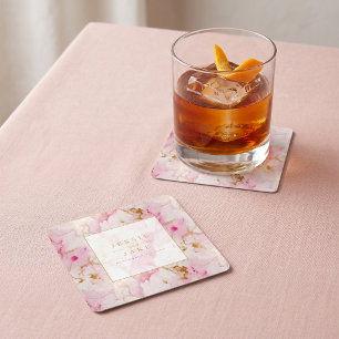 Posavasos Cuadrado De Papel Cartel de bienvenida de boda de mármol rosa y dora