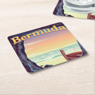 Posavasos Cuadrado De Papel cartel de viaje a la cueva pirata de Bermudas