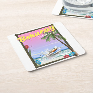 Posavasos Cuadrado De Papel Cartel de viaje a la playa de Boracay Filipinas